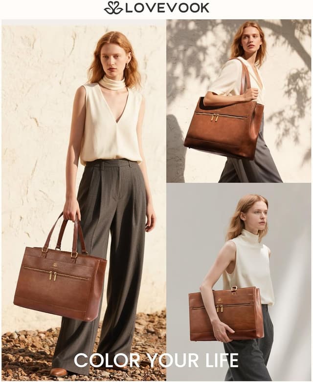 Detalle de LOVEVOOK Damen Handtasche (Groß) für Laptops bis 17,3 Zoll – Retro-Leder Optik, Braun