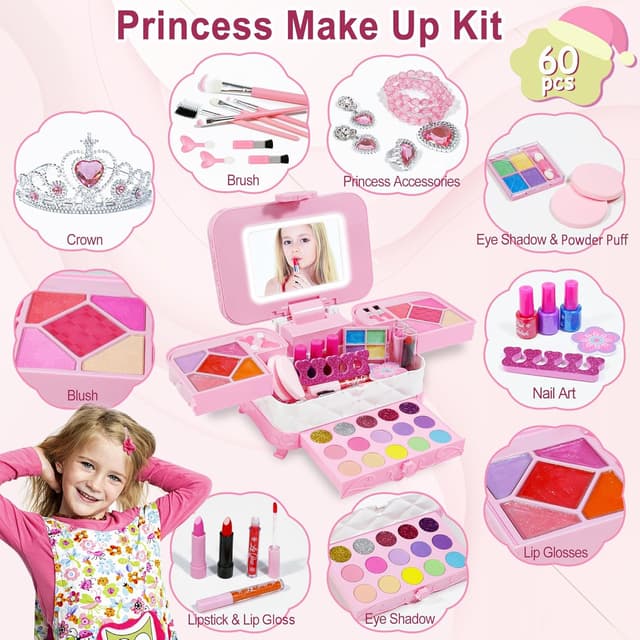 Detalle de YasinKidz 60 in 1 Kids Makeup Kit with 3-Color LED Mirror (Age 3+)