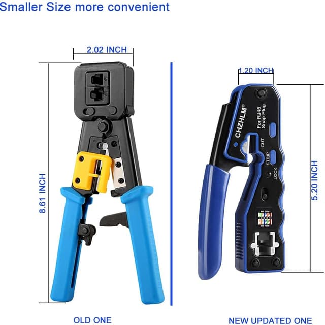Detalle de CHZHLM RJ45 pass-through crimp tool kit with 50 connectors, covers, mini stripper and cable tester