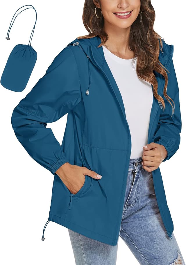 Detalle de iWoo Women’s Waterproof Lightweight Rain Jacket with Packaway Hood