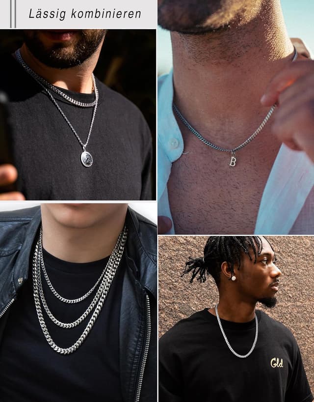 Detalle 2 de ZHESHY Herren-Halskette aus 316L-Edelstahl (Panzer-/Kubanische Kette), silber/goldfarben, wasserglänzend, mehrere Längen