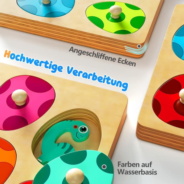 Detalle de Montessori Greifpuzzle ab 1 Jahr mit Dinosauriern und Tier-Eiern (Holzspielzeug, bunt) – Steck- & Sortierspiel für 12–36 Monate