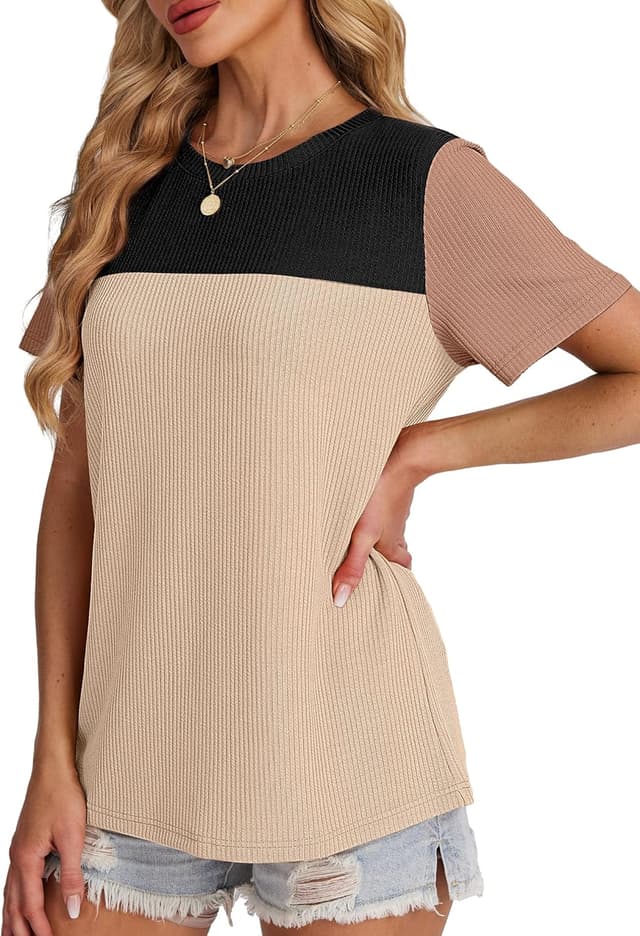 Detalle 2 de WIHOLL Womens Color Block Short Sleeve Knit Crewneck Top (Spring/Summer)