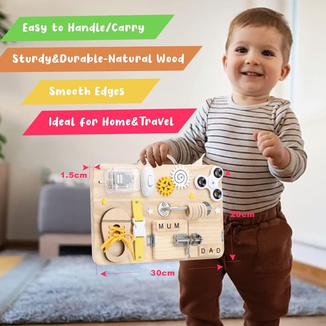 Detalle de Wooden Busy Board for toddlers, 9 activities