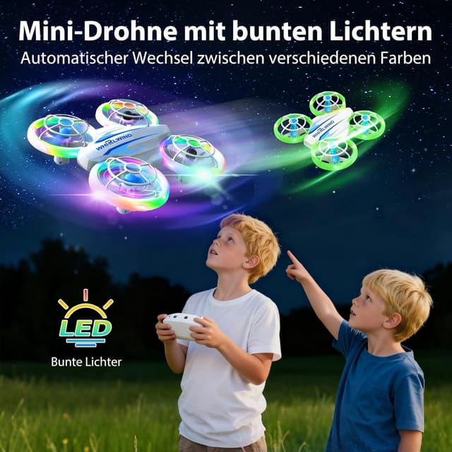 Detalle de Mini-Kinderdrohne (RC Quadrocopter) ab 6 Jahren mit LED, 3 Akkus und Ein-Knopf-Start/Landung
