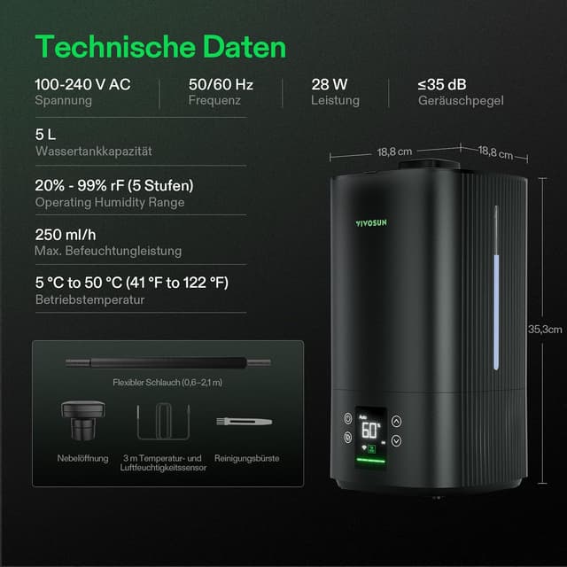 Detalle 2 de VIVOSUN Pflanzen-Luftbefeuchter 5L Smart Humidifier AeroStream H05 (Ultraschall, 24 dB, Top-Fill) für Growzelte