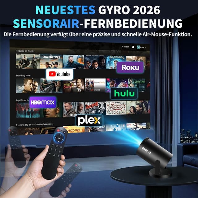 Thumbnail 6 de Tragbarer Mini-Beamer mit WiFi 6 & Bluetooth 5.4, 1080p/„4K“ Decoding und Android TV – kompakt für Zuhause & unterwegs (schwarz)