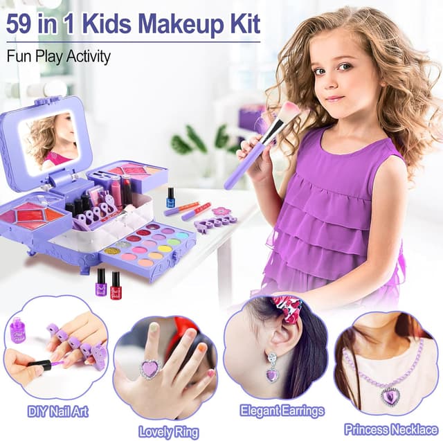 Detalle de YasinKidz 59 in 1 Kids Makeup Kit with 3-Color LED Mirror (Age 3+)