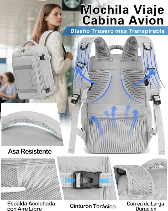 Thumbnail 4 de KLOSTAIN Mochila de Viaje Cabina para Avión ✈️ 30L Gris Claro