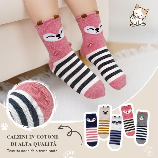 Detalle de ZFSOCK Calzini bambina in cotone con gatti cartoon (set da 5 paia) taglie 23-26/27-30/31-34