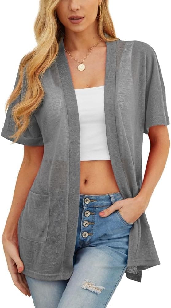 Detalle de PrinStory Women’s Lightweight Cardigan Long Sleeve – Open Front V-Neck with Pockets (Polyester/Spandex)