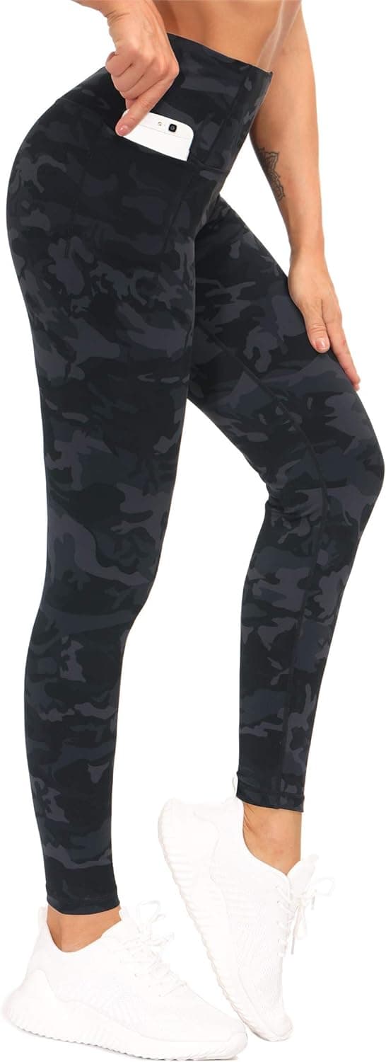 Detalle de THE GYM PEOPLE Leggings da allenamento con tasche, vita alta per yoga, fitness e corsa