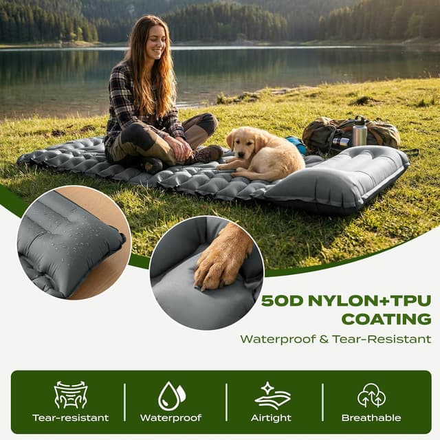 Detalle de RUMBALUXY Inflatable Camping Sleeping Pad with Built-in Foot Pump, Waterproof 50D Nylon (Grey)