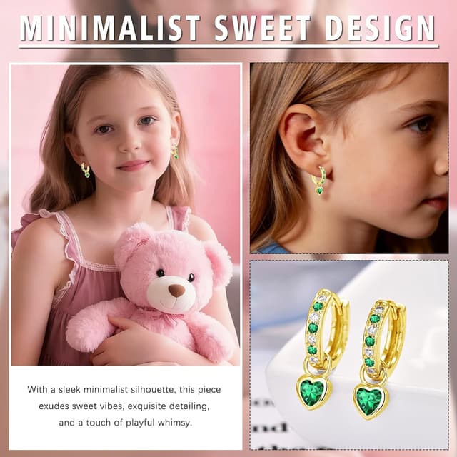 Detalle de Bewenda Ohrringe aus 925 Silber für Kinder und Damen – kleine Creolen mit Herz und Zirkonia (hypoallergen)