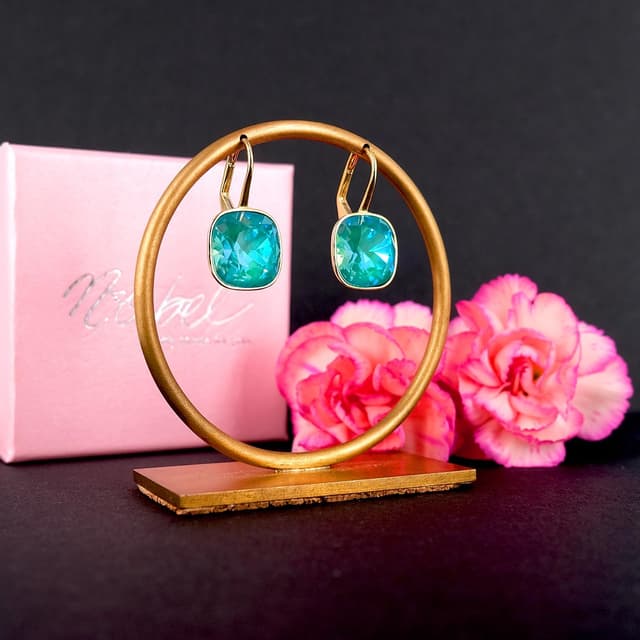 Detalle de NOBEL SCHMUCK Goldene Kristall Ohrringe Damen – kurze Ohrhänger aus 925 Silber vergoldet