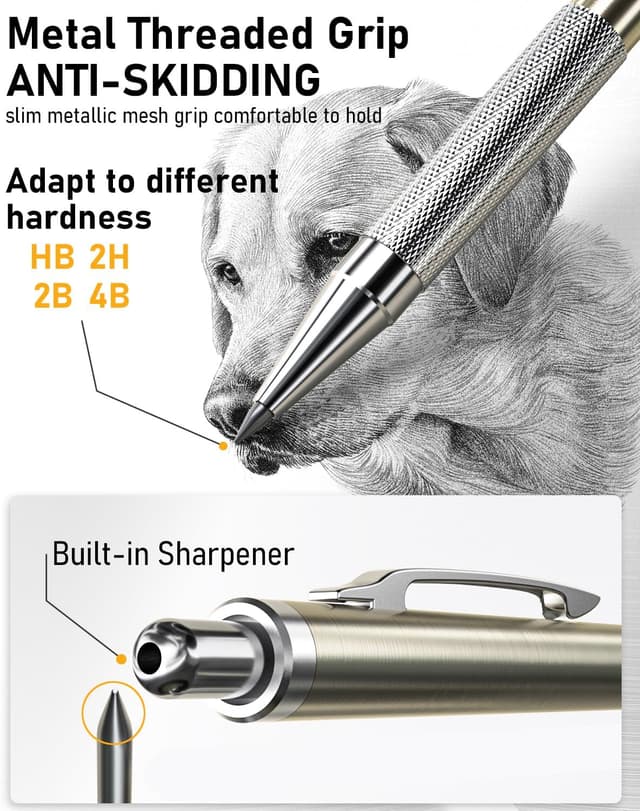 Detalle 2 de Nicpro 6PCS Metal Mechanical Pencils Set with 0.3/0.5/0.7/0.9 mm Leads and 2 mm Lead Holder