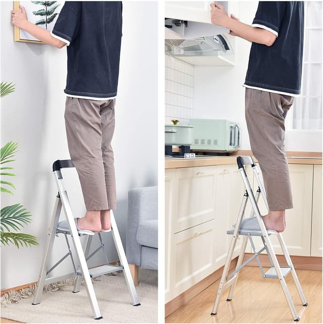 Thumbnail 6 de KINGRACK Aluminium-Leiter mit 2 Stufen, klappbar inkl. Handlauf (bis 150 kg, silber)