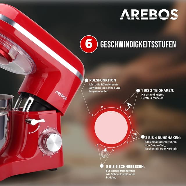 Detalle 2 de Arebos Küchenmaschine 1500 W mit 6-L-Edelstahlschüssel (rot) – Planetenrührsystem & 6 Geschwindigkeiten