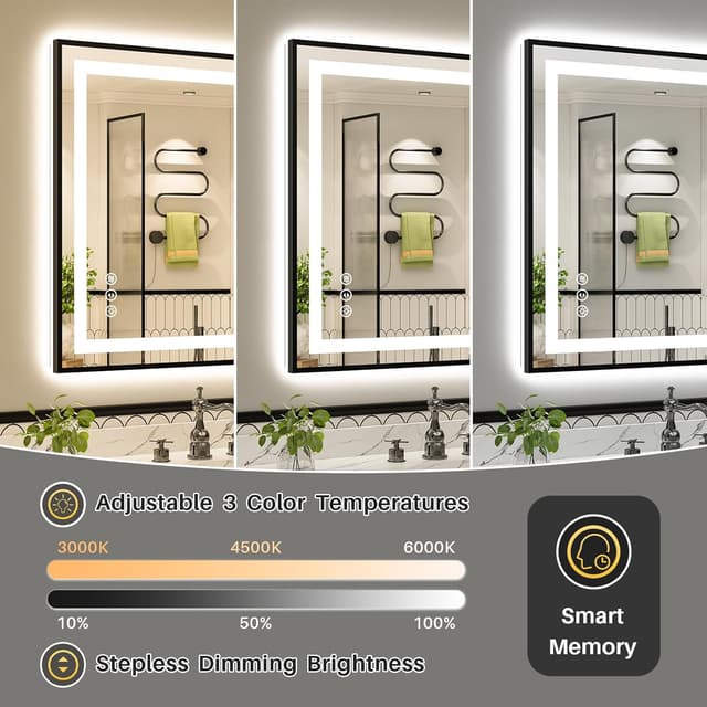 Detalle 1 de Briivue 36x30 Inch LED Bathroom Mirror with Black Frame (Dual Front Light + Backlit, Anti-Fog, Dimmable)