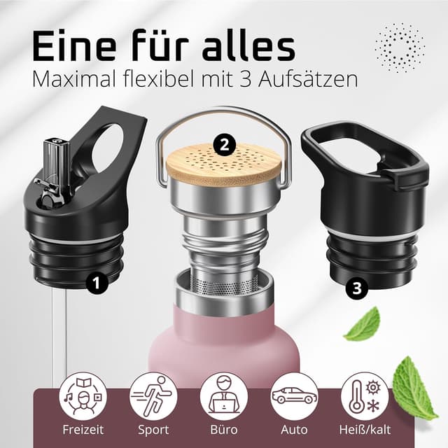 Detalle de Trinkflasche Edelstahl mit Strohhalm-Infuser & 3 Deckeln (BPA-frei, auslaufsicher) – 530 ml, isoliert