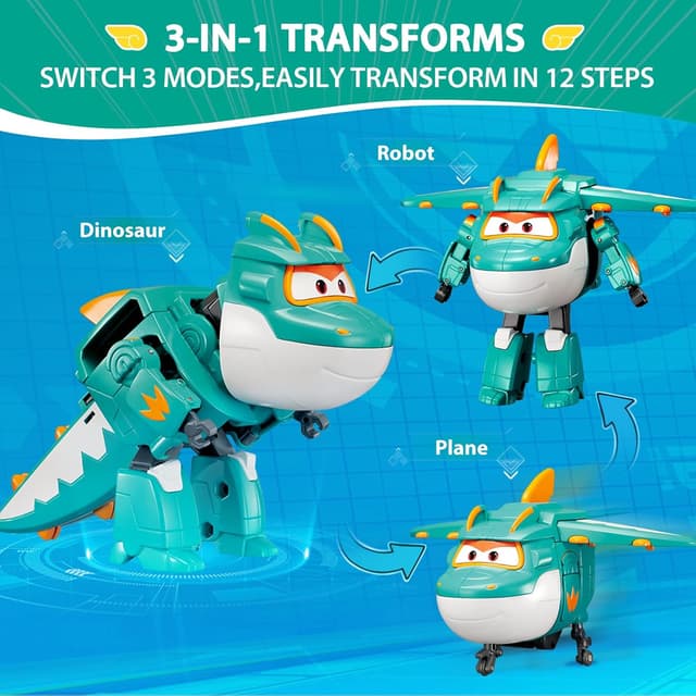 Detalle de Super Wings 5" Transforming Characters 2-Pack: Jett Supercharged + Tino, set di 2 figure trasformabili da 12 cm