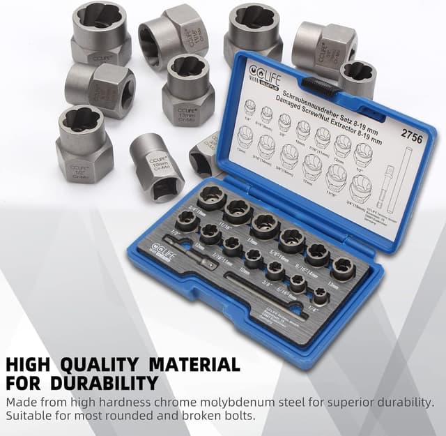 Detalle de CCLIFE coffret 15 douilles extracteurs pour boulons et écrous endommagés (Cr-Mo, 8 à 19 mm) entraînement carré 3/8
