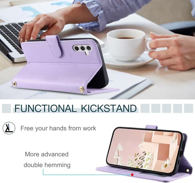 Detalle de ESONG Handykette Schutzhülle für Samsung Galaxy S24 FE – Leder-Brieftasche mit Kartenfach, Ständer und Magnetverschluss (lila)