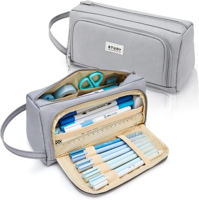 Detalle 2 de KALIDI Federmäppchen mit 2 Fächern, große Kapazität und Tragegriff (Grau)