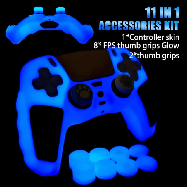 Detalle de HLRAO Glow in the Dark PS5 Controller Skin (Blue) with Anti-slip Silicone Cover & Glowing Thumb Grips