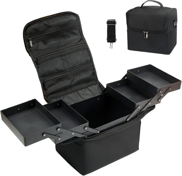 Detalle de MomTend Makeup Organiser Bag Vanity Case with 4 Trays, Shoulder Strap and Black Beauty Box Storage