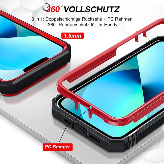 Detalle de LeYi iPhone 14 6.1" case with sliding camera cover, 360° armour protection and ring stand (2-pack tempered glass)