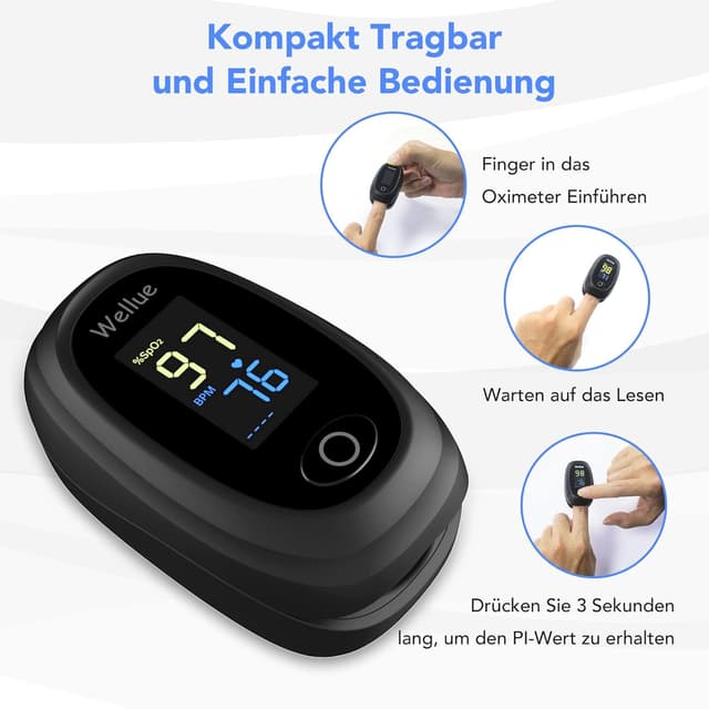 Detalle de Finger-Pulsoximeter für Erwachsene & Kinder (SpO2 und Puls) – Fingeroximeter Oxymetergerät, Schwarz