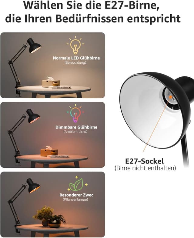 Thumbnail 6 de Lepro Retro-Schreibtischlampe mit Klemme, E27 (HxBxT 38 x 15 x 27 cm), schwenkbar und verstellbar in Schwarz