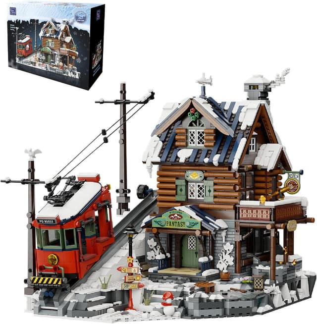 Detalle de PANTASY Winter Ski Lodge Bauset – 3-stöckige Alpenlodge mit Seilbahn, Eishöhle & Minifiguren
