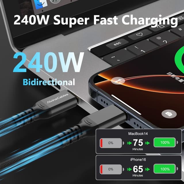 Detalle de Alvin's Cables Thunderbolt 5 Cable (1ft) – 120Gbps USB-C to USB-C with 240W USB PD and up to 16K @ 30Hz