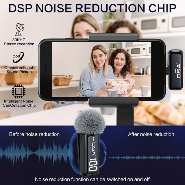Detalle de OSA Microfono Lavalier Wireless per iPhone/iPad/Android, 2 Pack con display e riduzione del rumore (Bluetooth, plug&play)