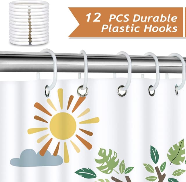 Detalle de Bonhause Kids Animals Shower Curtain (Lion, Elephant & Giraffe) 180 x 180 cm, waterproof polyester with 12 hooks