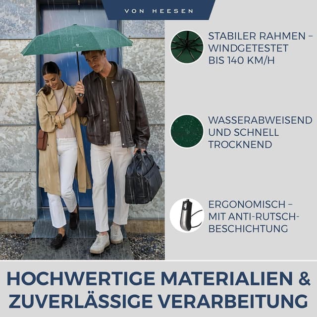 Detalle de VON HEESEN sturmfester Taschenschirm bis 140 km/h inkl. Schirm-Tasche & Reise-Etui