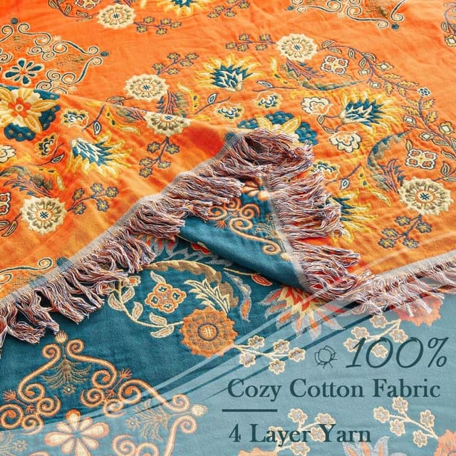 Thumbnail 6 de XIBLC Boho Throw Blanket (100% Cotton) – 90"x98" Floral Reversible Farmhouse Quilt, Orange