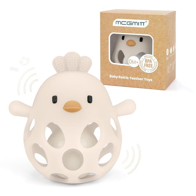 Detalle de MCGMITT Montessori Rassel-Beißring aus Silikon (Baby-Griffball) für Zahnungshilfe, ab 0 Monaten – Beige