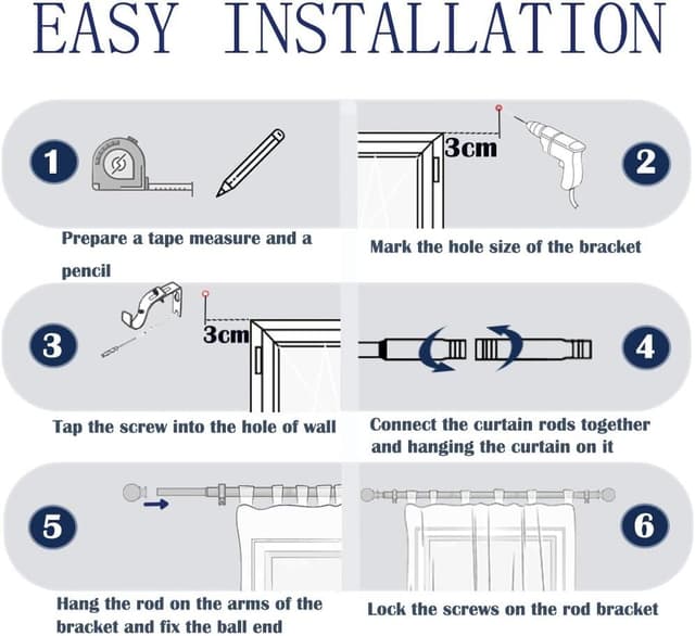 Detalle de GDEVKHN Adjustable Curtain Poles for Eyelet Curtains (Silver, 33–86.6 inch) with Round Finials