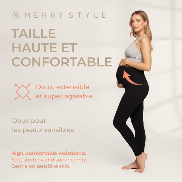 Detalle de Legging de grossesse long Merry Style MS10-297, taille haute respirant et extensible