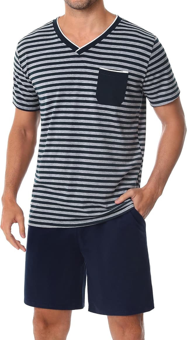 Detalle de Leversic Herren-Schlafanzug kurz aus Baumwolle mit Kontraststreifen-Design (Sommer-Pyjama Set)
