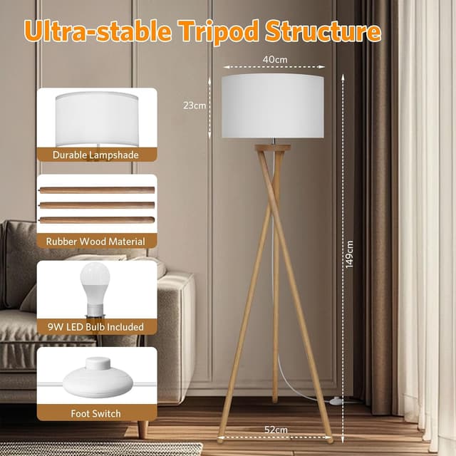 Detalle de Lampadaire sur pied BBHome style scandinave en bois avec abat-jour blanc et ampoule LED E27 9 W