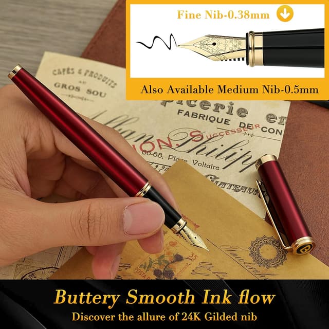 Detalle de BEILUNER Luxury Fountain Pen in Red & Gold with 24K Gold Accents and Fine Nib