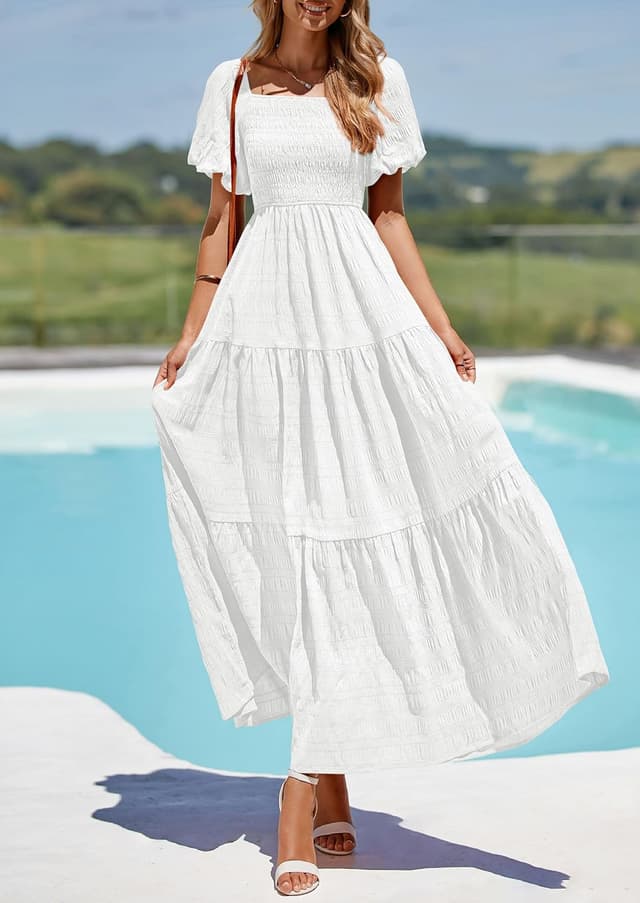 Detalle de PRETTYGARDEN Women’s Summer Puff Short Sleeve Maxi Dress (Square Neck, Smocked Tiered Ruffle)
