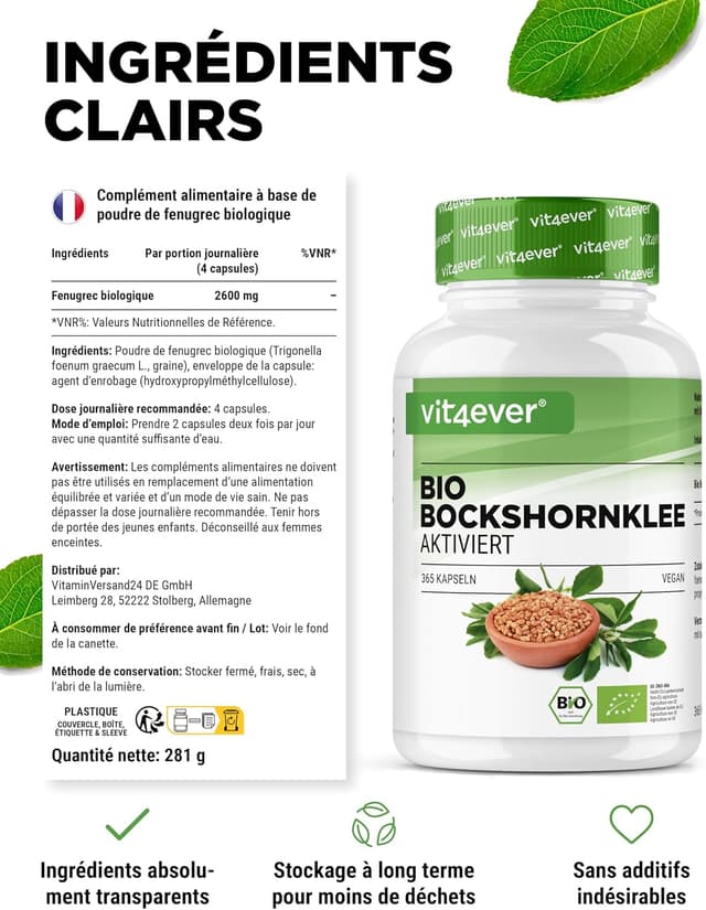 Detalle de Fenugrec Activé Bio – 365 capsules végétaliennes (650 mg/capsule) – Fenugreek certifié bio