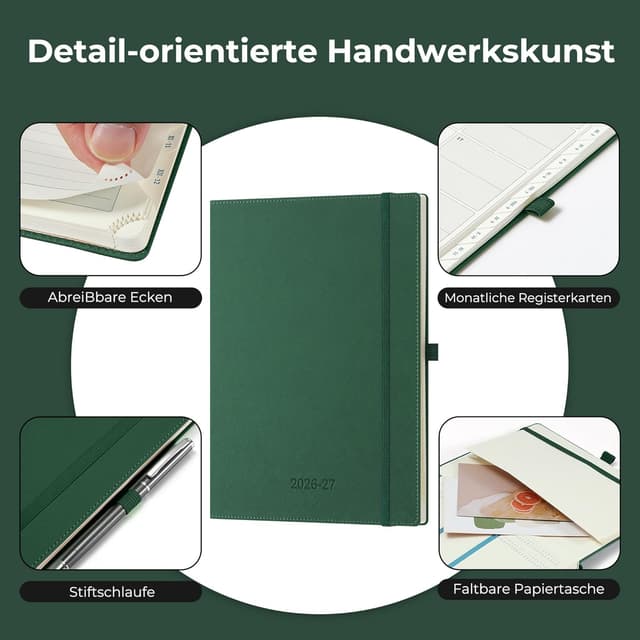 Detalle 2 de IN-LUXPRO Kalender 2026/2027 Wochenplaner (18 Monate) A4 Quergrün mit Notizseiten