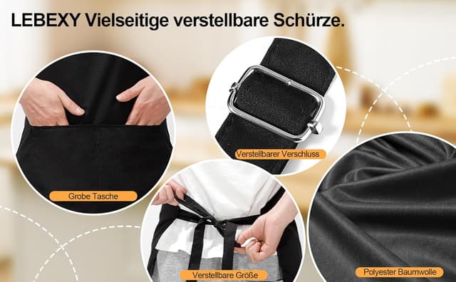 Detalle de LEBEXY Kochschürze aus Baumwolle, einfarbig schwarz – mit zwei großen Taschen