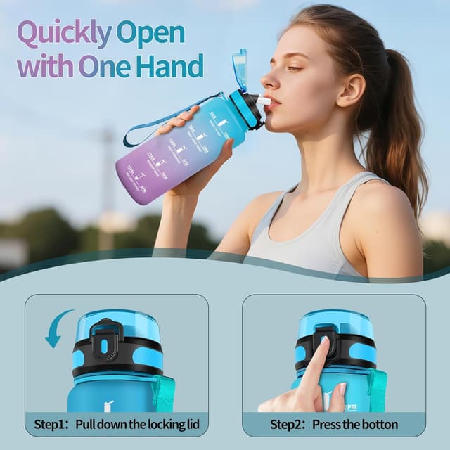 Detalle de Motswedi Gourde à paille 1500 ml sans BPA (bleu ciel & violet pâle) – étanche, ouverture une main